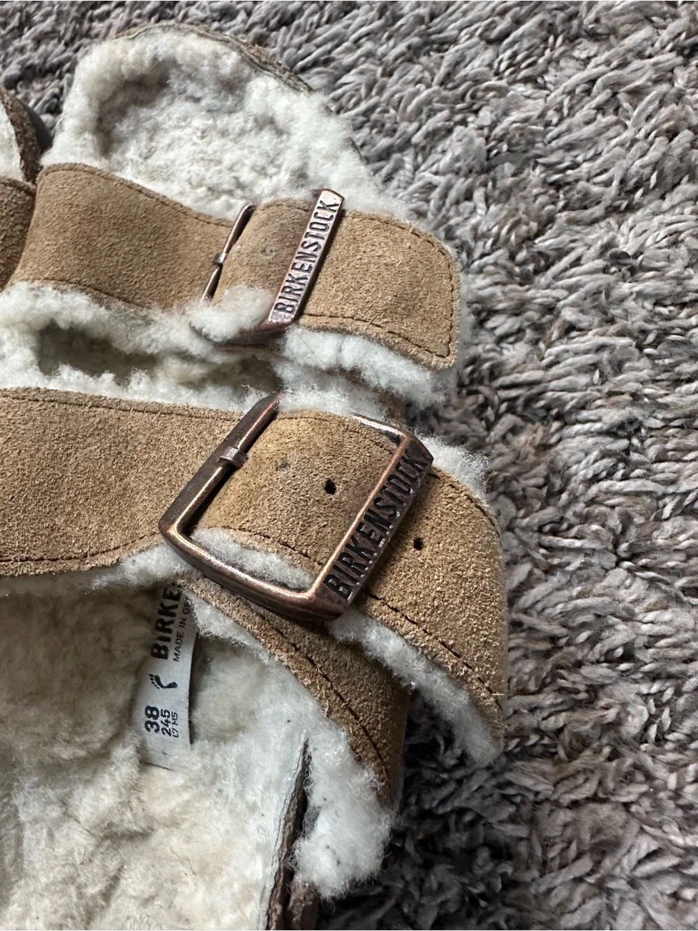 Birkenstock Shearling Suede Sandals in Taupe and Cream Size 7